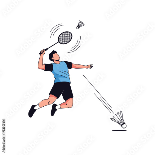 Man playing badminton, jumping and hitting shuttlecock with racket, dynamic sports illustration
