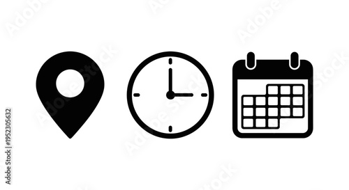 A graphic illustration shows a location pin, clock, and calendar icons.