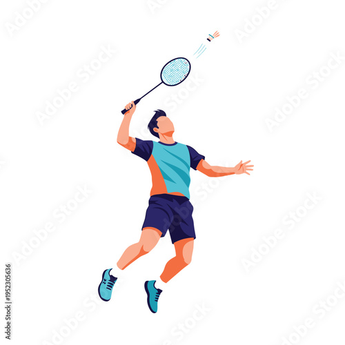 Man playing badminton, jumping and hitting shuttlecock with racket, dynamic sports illustration