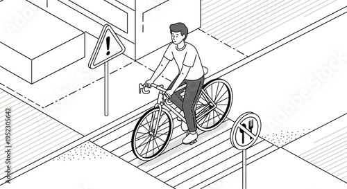 A man rides a bicycle across a street intersection with warning signs nearby.