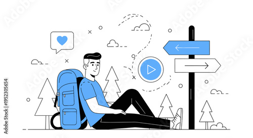 Man sits on ground with backpack looking at sign post in forest