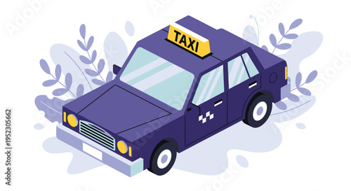 A purple taxi car drives through a city street with leaves