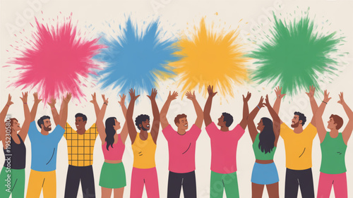 Diverse group of people celebrating with colorful paint splatters in the air expressing joy and unity in a vibrant scene