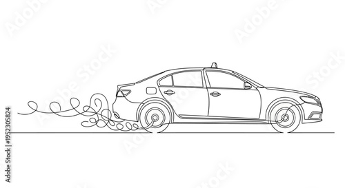 A car drives on a road with smoke trailing behind the vehicle.