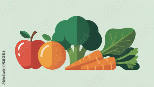 Fresh colorful vegetables and fruits arrangement with apple orange broccoli carrot on light green background for healthy eating and nutrition concepts