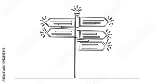 Continuous line drawing of a towering multi-directional signpost, symbolizing complex choices, future paths, and important decisions in a minimalist, modern illustrative style