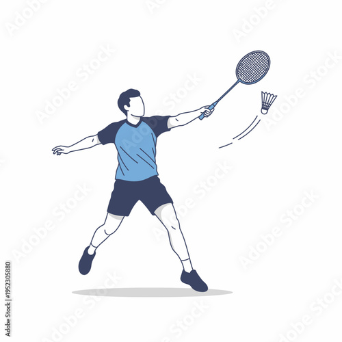 Man playing badminton, striking shuttlecock with racket, dynamic action pose, flat illustration