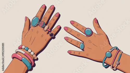 Woman's hands with colorful jewelry and accessories on fingers and wrists beige background