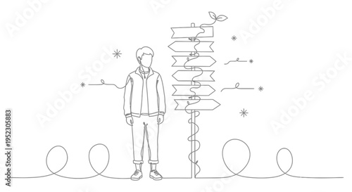 A young man stands at a crossroads, contemplating multiple paths forward, symbolized by a directional signpost with blank signs indicating choices and opportunities