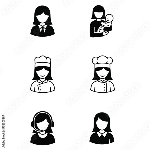 Female Chef Icons Set – Cooking, Kitchen, Food Profession Vector Illustration