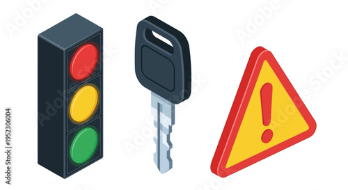 Set of transportation and warning icons, including traffic signal, car key, and warning sign