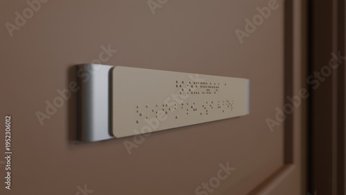 Tactile door sign with Braille mounted on brown doorway for accessibility