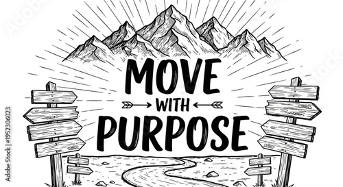 Vector illustration of a mountain landscape with a winding path and signposts, inspiring purposeful movement and personal growth on life's journey