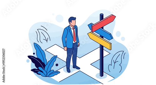 Businessman standing at a crucial crossroads, contemplating different strategic paths and making important decisions for his future career and business direction