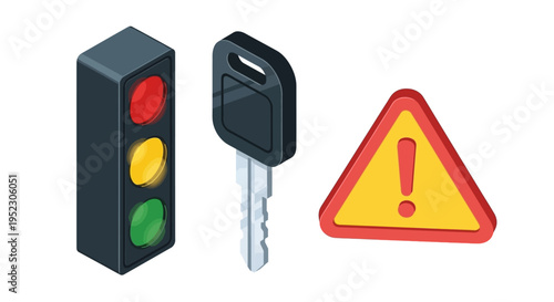 Essential isometric icons for vehicle safety and road navigation, featuring a traffic light, car key, and a crucial warning sign for drivers and automotive themes