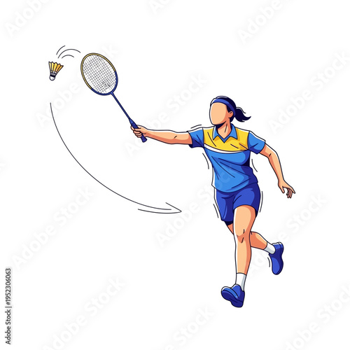 Woman playing badminton, hitting shuttlecock with racket, dynamic action shot