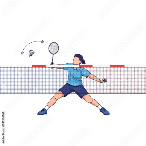 Woman playing badminton, hitting shuttlecock over net, dynamic action shot.
