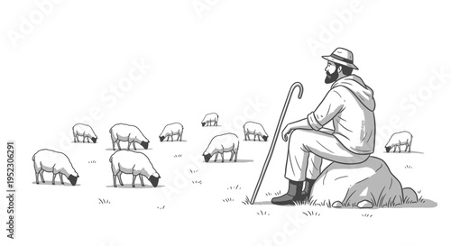 Man sitting with sheep flock outdoors.