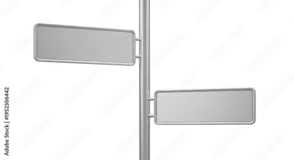 Obraz premium A pair of blank metallic rectangular street sign boards attached to a single sturdy metal pole