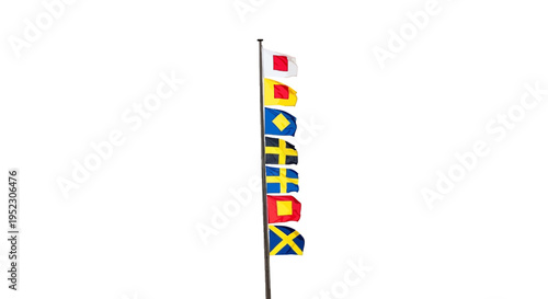 Several nautical signal flags are strung on a pole against a white background