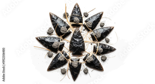 A symmetrical arrangement of obsidian arrowheads with scattered stones and straw on white