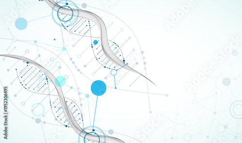 Abstract image of DNA molecule on wireframe wave. Scientific vector background.