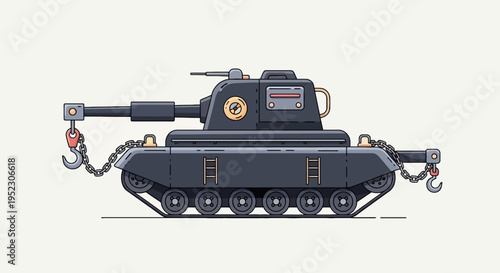 A stylized dark gray tank with a large gun and towing hooks