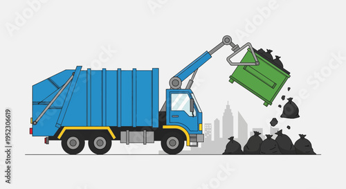 Cartoon depiction of a blue refuse truck emptying a green dumpster, bags of trash falling