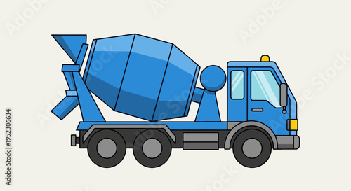 A blue concrete mixer truck illustration, side view, with mixer drum, cab, and wheels