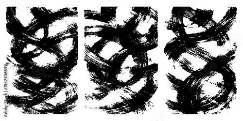 Vintage vector illustration of a black ink Chinese calligraphy set and wall ornament with grunge brush stroke patterns, kanji art elements, and floral tattoo design symbols