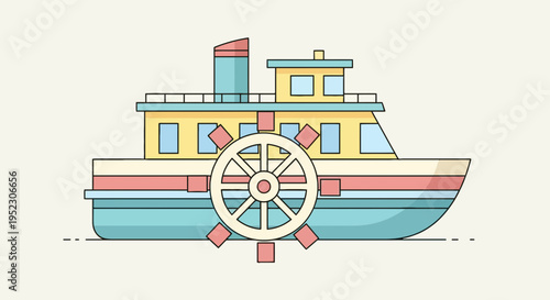 A stylized illustration of a steamboat with a large paddle wheel