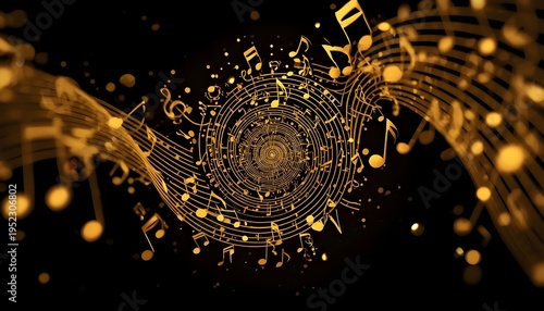 A vibrant golden musical composition with swirling notes and dots on a black background