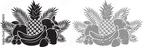 Vintage illustration of pineapple and grapevine motifs in symmetrical design patterns.