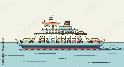 Illustrated cartoon of a ferry boat carrying multiple cars across a blue sea