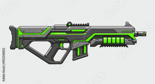 A futuristic gun design with grey and black metal with neon green accents and a unique frame