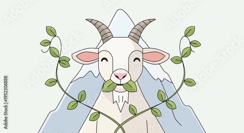 Illustration of a goat with mountain backdrop and vines. Goat eats leaves