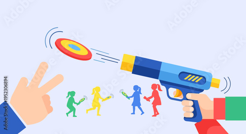 Cartoon depiction of kids playing with frisbees and a toy gun, with a hand signaling peace
