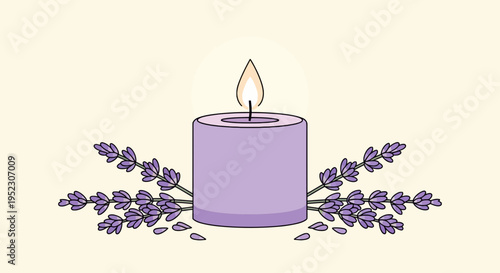 A lit lavender candle is flanked by lavender sprigs on a cream background