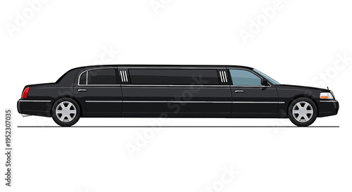 A sleek, black luxury vehicle, limousine style, with a long body, wheels and tinted windows