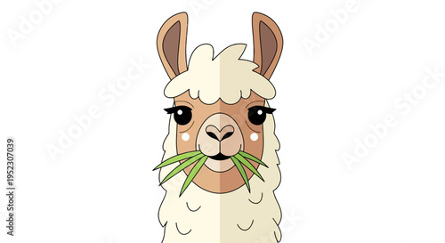 A cartoon llama, facing forward, eating grass, with a fluffy coat and large eyes