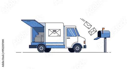 Illustration of a postal truck delivering mail to a mailbox with envelopes