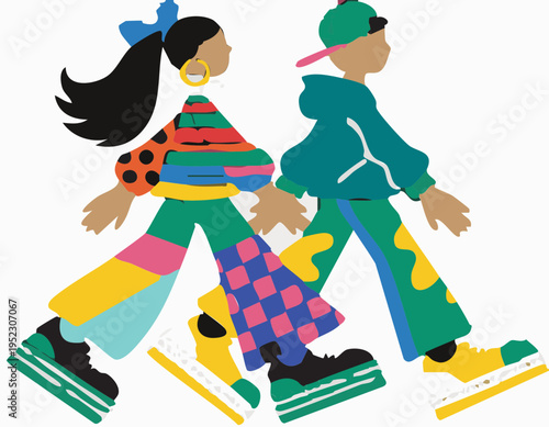 Vector illustration of two people ice skating, colorful, modern style