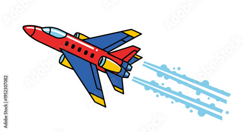 Cartoonish red jet aircraft with blue wings and yellow accents, emitting stylized exhaust
