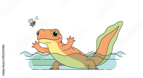 Cartoon newt in water with a flying insect, with playful expression
