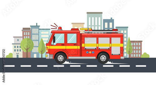 A red fire truck speeds down a road in a stylized city scene, siren on