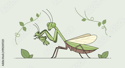 A stylized cartoon illustration of a praying mantis holding a smaller one