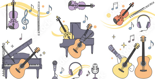 Musical instrument vector collection featuring grand piano acoustic guitar violin flute microphone and headphones with musical notes for concert and entertainment designs.
