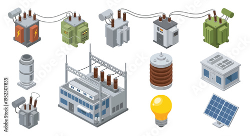 Isometric illustration of electrical substations power lines and energy components