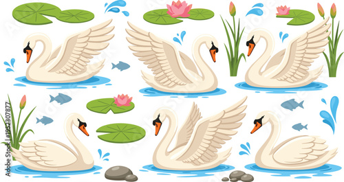 Elegant white swan vector illustration set featuring graceful birds swimming in pond with lily pads lotus flowers water splashes and reeds for nature desig