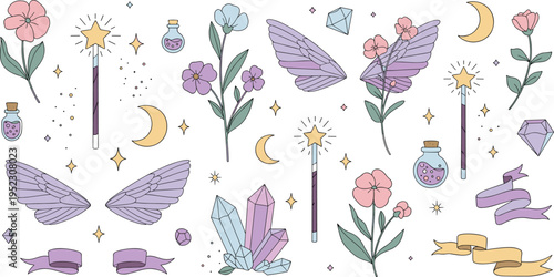 Whimsical magic vector collection featuring fairy wings, crystals, magic wands, celestial moon, potion bottles, and delicate flowers for mystical or fantasy themed designs